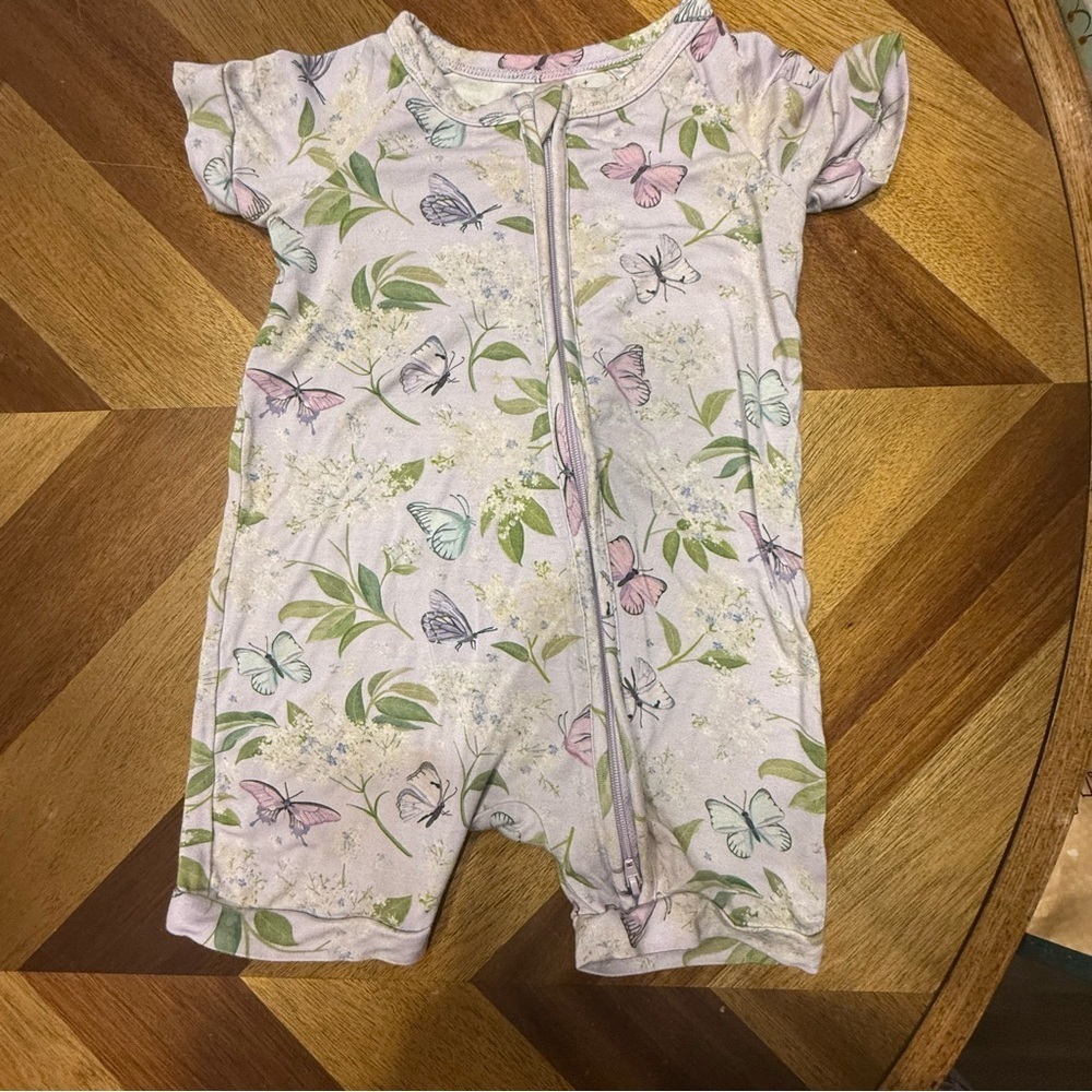 Poshtot Pink and Green Butterfly Bodysuit Poshtot 2 way zipper bamboo